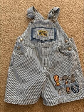 Vintage Hickory Stripe Embroidered "Builder" Overalls  18m